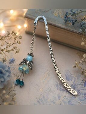 Angel Bookmark, Blue Glass Charm, Book Lover Gift, Gift for Teacher, Silver Tone